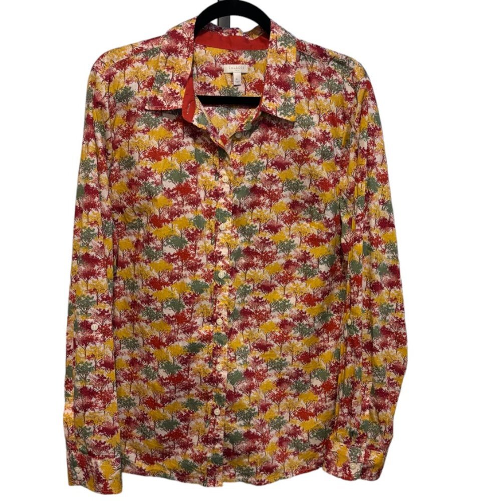 Talbots Cotton Button Front Tree Leaf Print Blouse